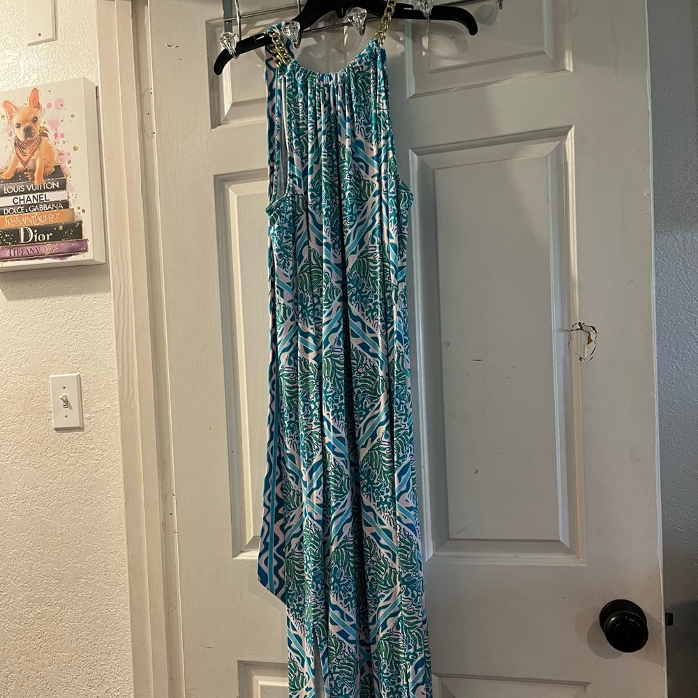 Blue and White Patterned Maxi Dress